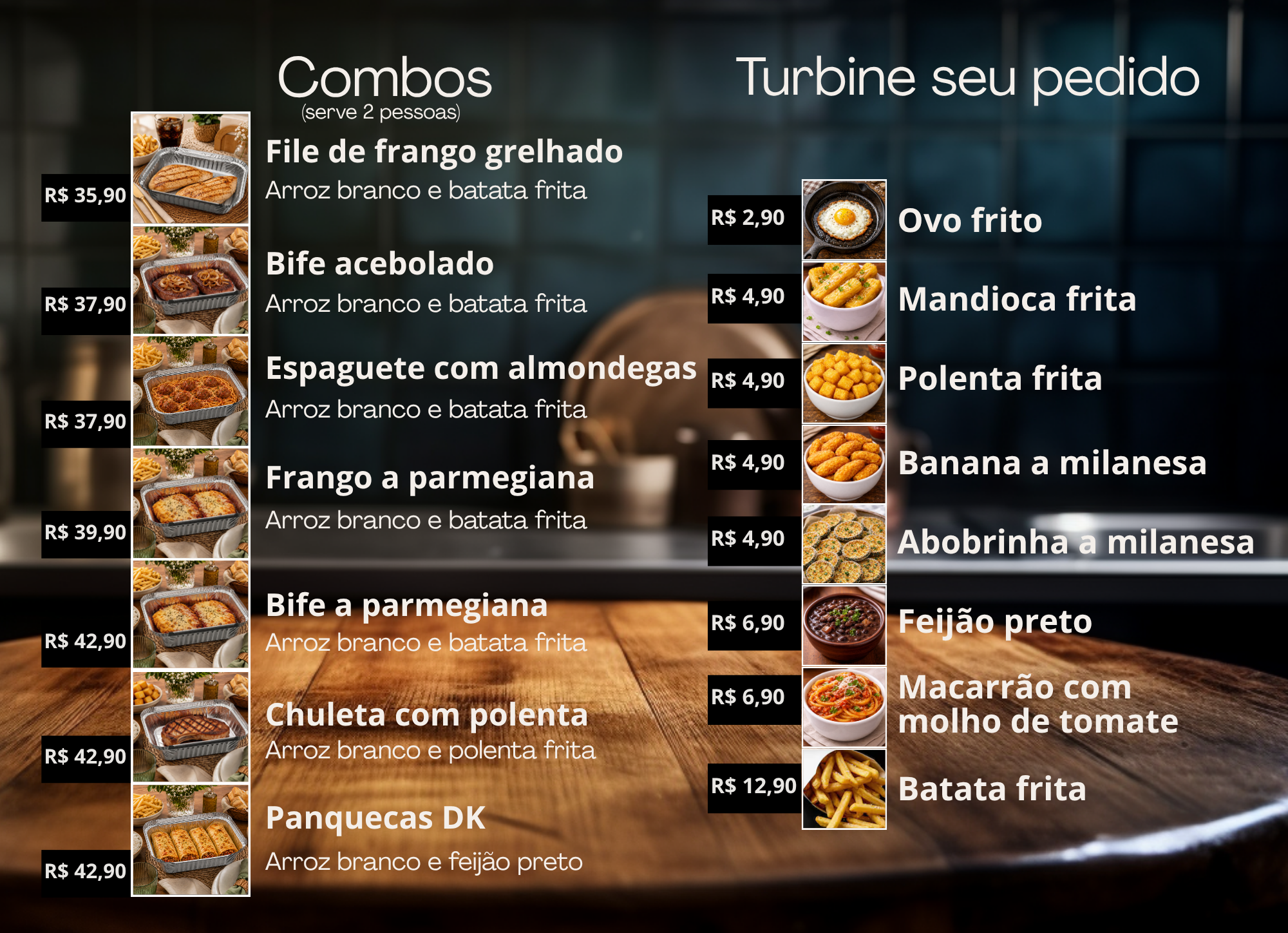 Cardápio de combos e adicionais da DK Cozinha Delivery