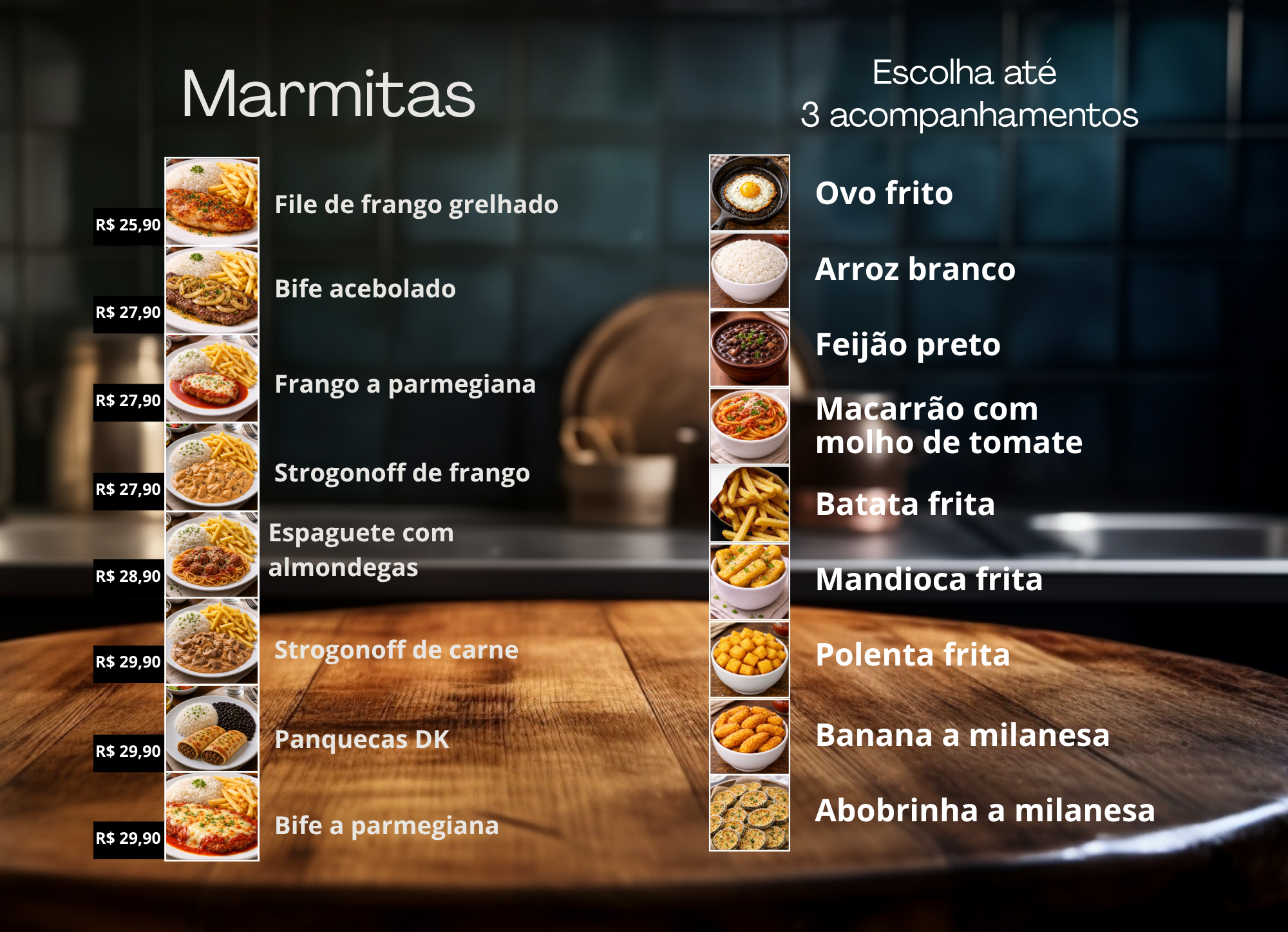 Cardápio de marmitas da DK Cozinha Delivery